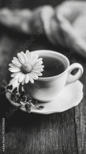 Coffee Cup With a Daisy on a Rustic Wooden Table During a Calm Morning.