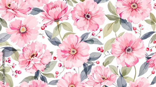 Seamless pattern with pink pions watercolor