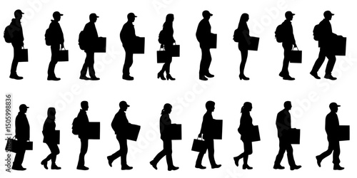 Silhouettes of logistics workers carrying packages in various postures during daytime activities