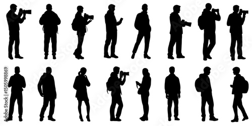 Silhouettes of photographers engaged in various activities in a creative setting during daylight hours