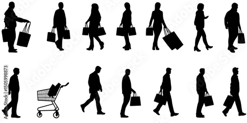 Silhouette icons of people shopping showcasing various activities in a retail environment