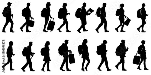 Silhouette icon set depicting diverse travelers engaging in various journeys with luggage and backpacks at different locations