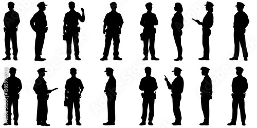 Collection of police officer silhouette icons depicting various stances and actions for use in design and illustration