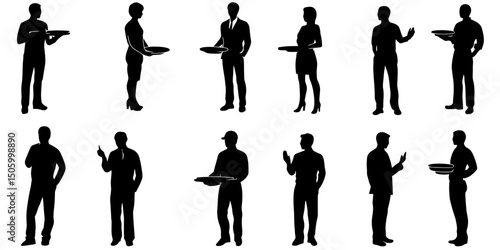 Restaurant server silhouettes demonstrating various poses and activities of service in a dining environment