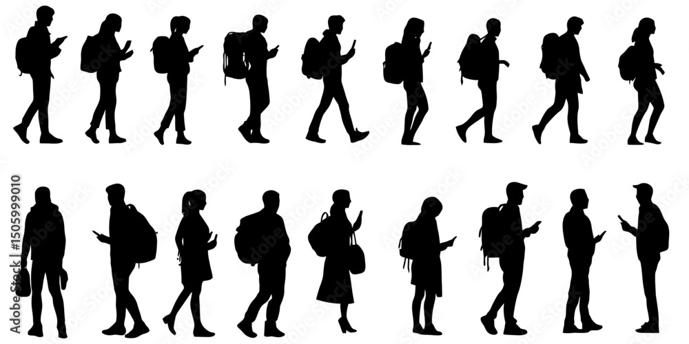 Fototapeta premium Young individuals with backpacks walking in various poses within an urban environment