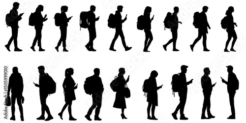 Young individuals with backpacks walking in various poses within an urban environment