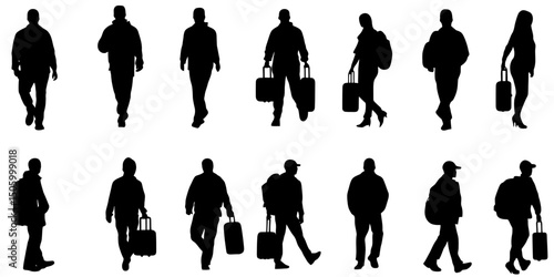 Silhouettes of travelers with suitcases walking in various directions representing journeys and adventures