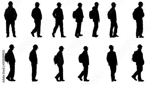 Silhouettes of workers wearing hard hats are depicted in various poses, including standing, walking, and carrying backpacks