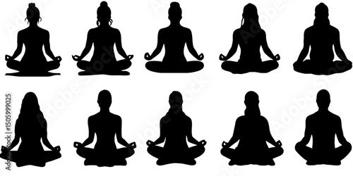 Different yoga and meditation silhouettes showcasing various postures for peaceful relaxation and mindfulness