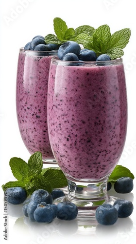 Refreshing Berry Smoothie With Fresh Blueberries and Mint Served in Glasses.
