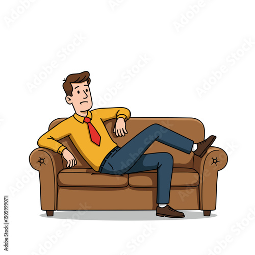 A relaxed man lounging on a couch with one leg over the armrest, looking thoughtful