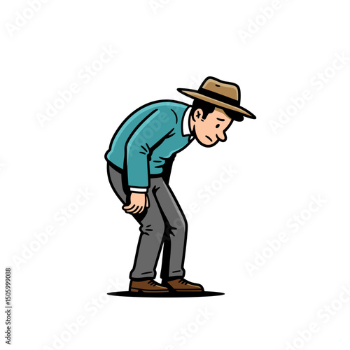 A tired man wearing a hat, bending forward with a weary expression
