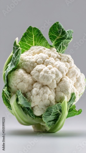 Fresh Cauliflower Displayed With Green Leaves on a Light Background for Healt...