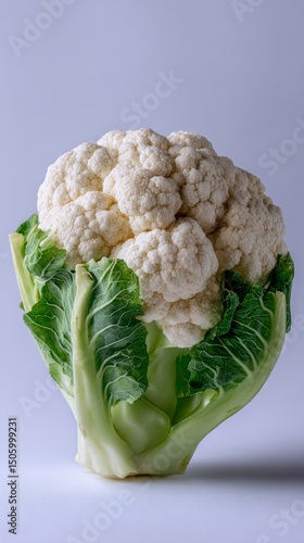 Fresh Cauliflower Displayed With Green Leaves on a Light Background for Healt...