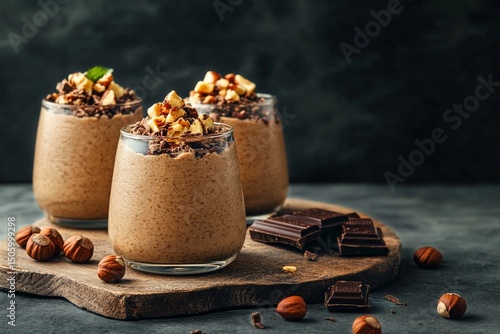 Chocolate Mousse Dessert Served With Nuts and Chocolate on a Wooden Board