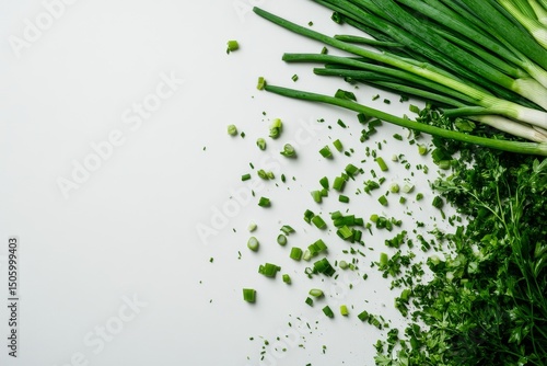 Freshly Chopped Green Onions and Parsley on a White Surface Ready for Cooking