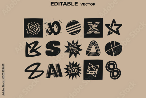Collection of Hand Drawn Doodle Style Geometric Shapes and Symbols Editable Vector Illustration