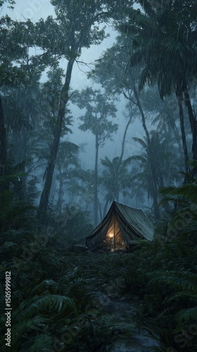 Tent Illuminated by Fire in a Lush Jungle During Heavy Rain at Dusk