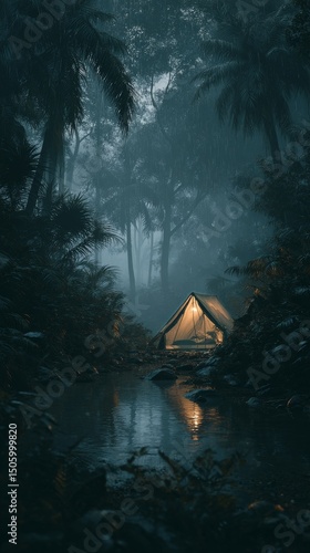 Tent Illuminated by Fire in a Lush Jungle During Heavy Rain at Dusk.