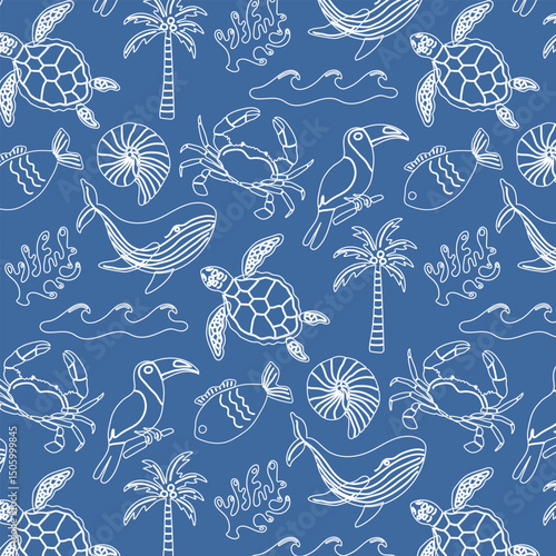 Marine pattern with coral, whale, crab and shells on blue background. Seamless summer pattern in retro style.