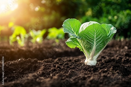 Fresh Cabbage Growing in a Sunny Vegetable Garden During Afternoon Light.