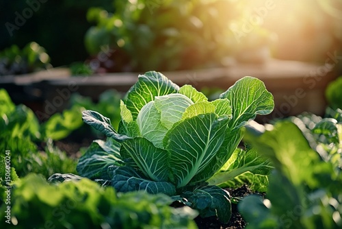 Fresh Cabbage Growing in a Sunny Vegetable Garden During Afternoon Light
