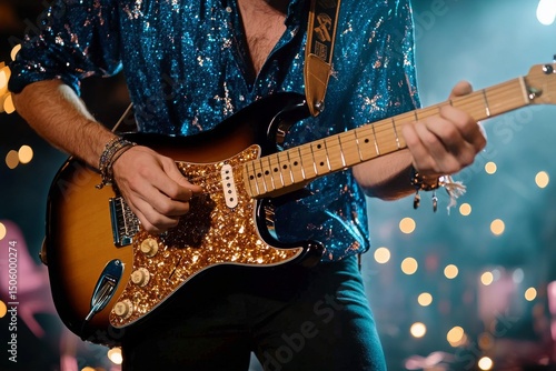 Musician Performs Passionately on Stage During Live Concert in Vibrant Lighting.