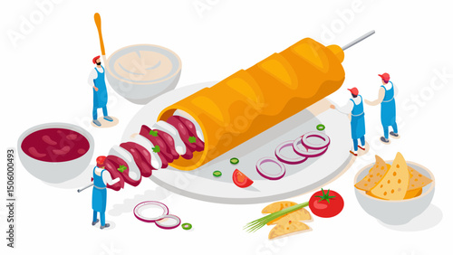 Artisanal kebab creation with tiny chef figurines flavorful ingredients and vibrant culinary