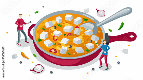 Culinary adventure Miniature chefs prepare a delicious tofu curry feast served in a stylized pan