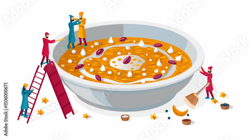 Celebrating harmony tiny figures prepare a giant flavorful bowl of Ashure in a bright minimalist