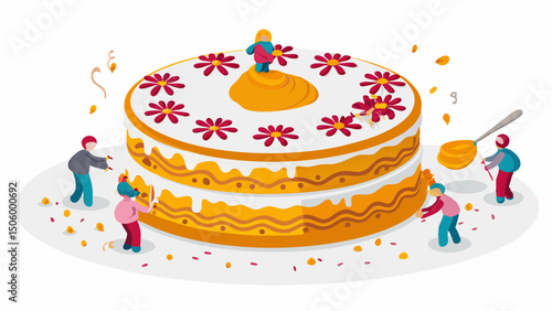 Tiny figures decorating a giant birthday cake with bright floral accents and festive confetti in