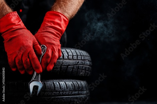 Car Mechanic Working on Tires With Gloves and a Wrench in Workshop at Night