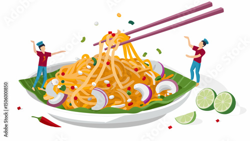 A delicious explosion of flavors with an isometric Pad Thai fantasy featuring tiny chefs and clean