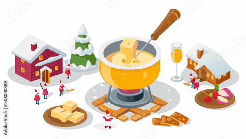 Festive winter cheese fondue party with elf like people around cozy homes and snowy pine tree
