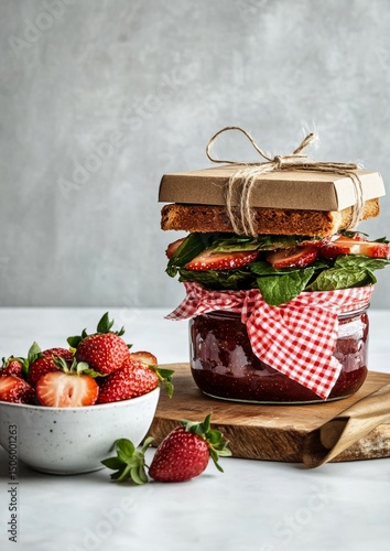 Delicious Strawberry Sandwiches Stacked on a Jar With Fresh Strawberries on a...