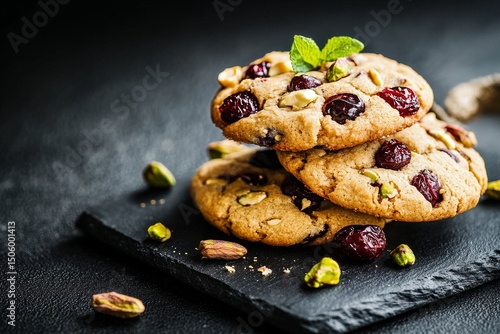 Delicious Cookies With Cherries and Pistachios Stacked on a Black Slate Plate.