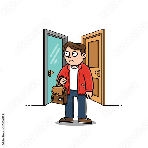 A confused young man standing between two doors, holding a bag, looking uncertain
