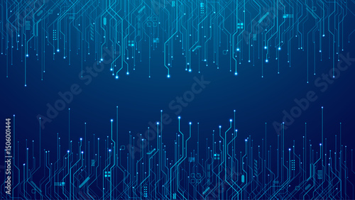 Circuit board wires with electric wires on technology blue background. Abstract circuit pattern. Tech futuristic bg. AI semiconductor concept. Connected light dots and lines. Digital vector.