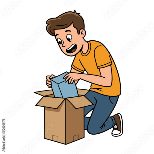 A joyful boy unboxing a package with a big smile