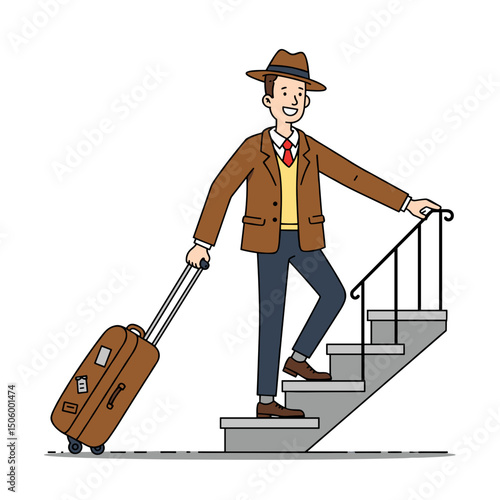 A stylish man in a hat, walking up the stairs with a suitcase, exuding confidence and charm
