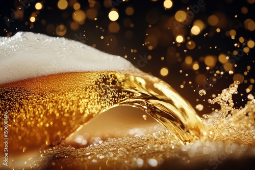 Golden Beer Flowing With Frothy Foam and Sparkling Bubbles in a Festive Atmos...