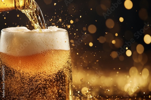 Beer Being Poured Into a Glass With Bubbles and Golden Background Illuminatin...