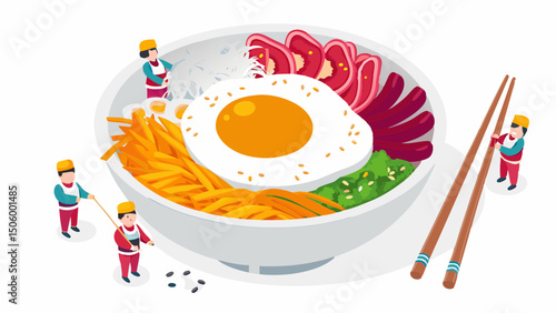 Delightful Bibimbap Creation Tiny chefs crafting a delicious Korean dish with meticulous care and
