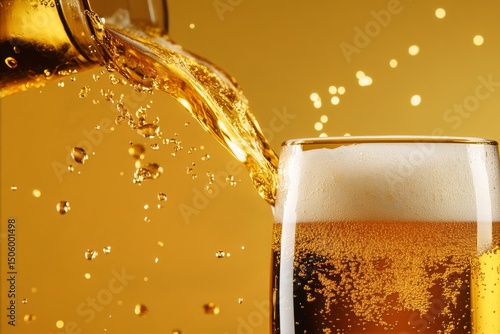 Golden Beer Flowing With Frothy Foam and Sparkling Bubbles in a Festive Atmos...