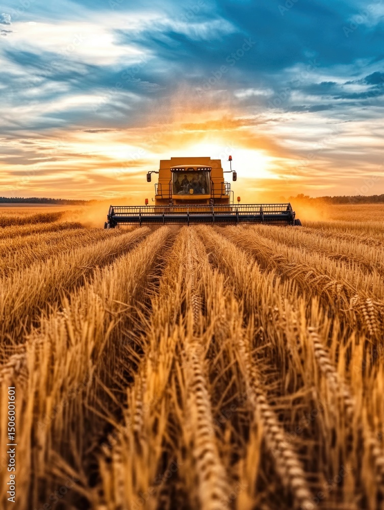 Fototapeta premium Combine Harvester in Wheat Field at Sunset