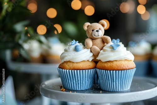 Delicious Blue Cupcake With Teddy Bear Decoration on a Plate in a Bakery Sett...
