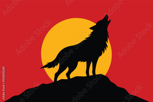 A lone wolf howls, a striking silhouette against the vibrant sunset in this wild nature landscape