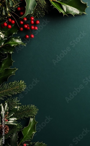 Beautiful Holly Branches With Red Berries Against a Dark Green Background for...