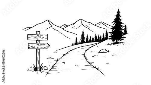 Winding mountain road signpost graphic illustration.  Scenic pathway leads through picturesque mountain range.  Directional wooden signpost indicates path choices.