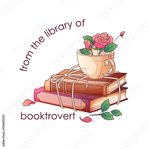 Ex-libris (book sign). Composition of stack of books with rope and cup with rose flowers isolated on white. Colorful vector illustration. Book lover, bookshop, library concept.